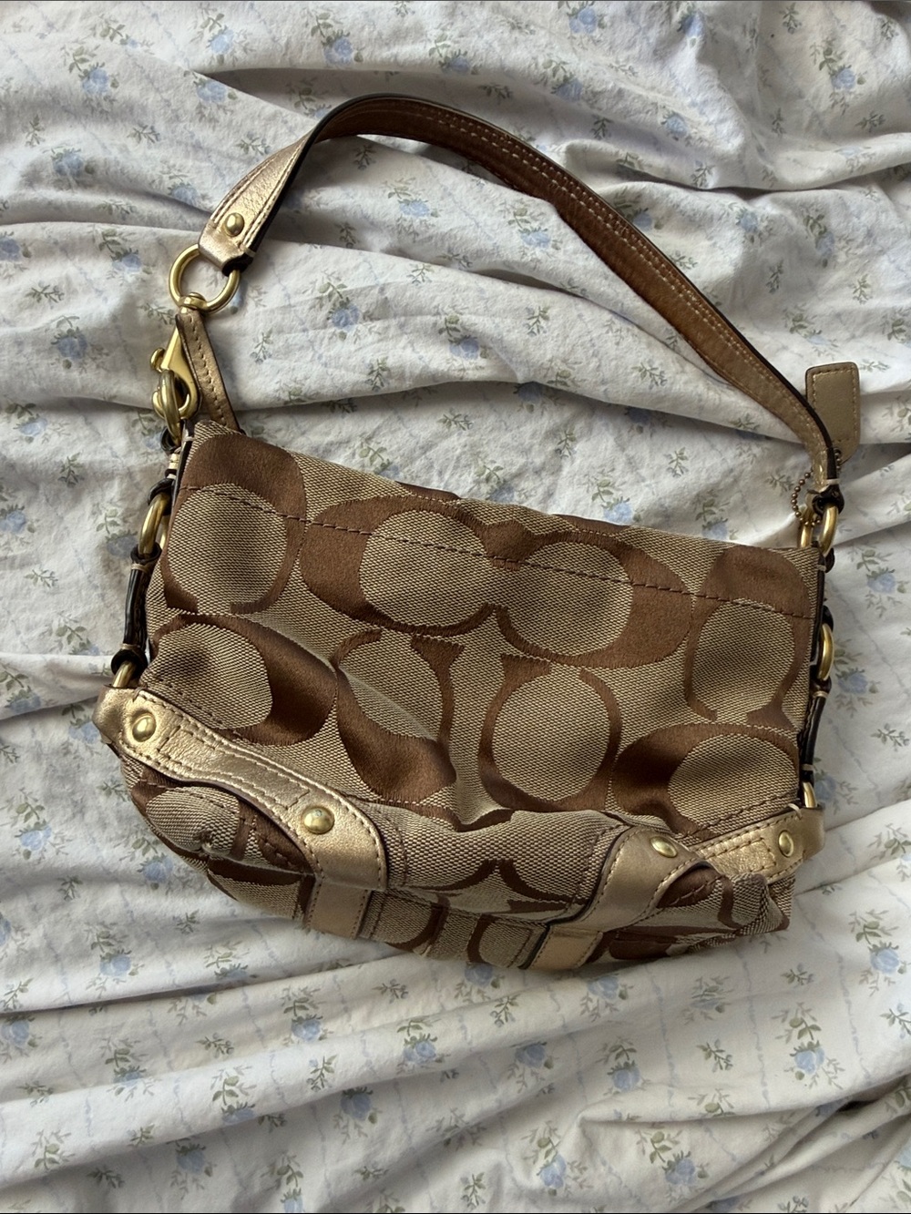 Coach Brown Signature Canvas Shoulder Bag with Metallic Trim